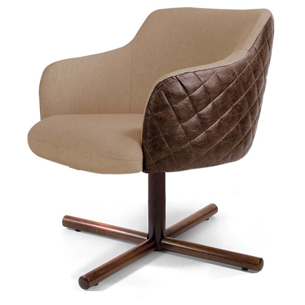 Kit 02 Poltronas Decorativa Giratória Base X Jade D02 Linho Bege C-129 Tressê Corano Marrom - Lyam Decor