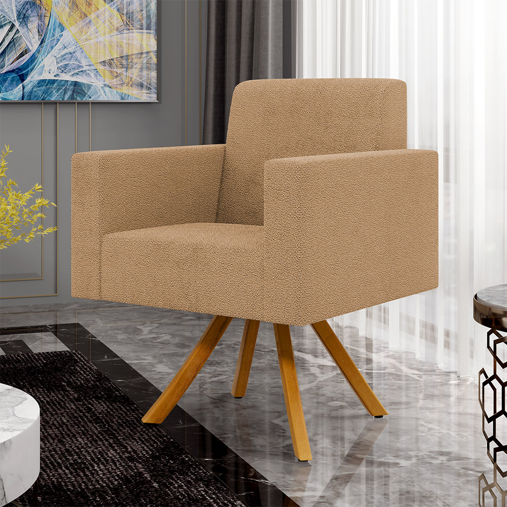 Kit 02 Poltronas Decorativa Giratória Base de Madeira Helô L02 Bouclê Mostarda - Lyam Decor