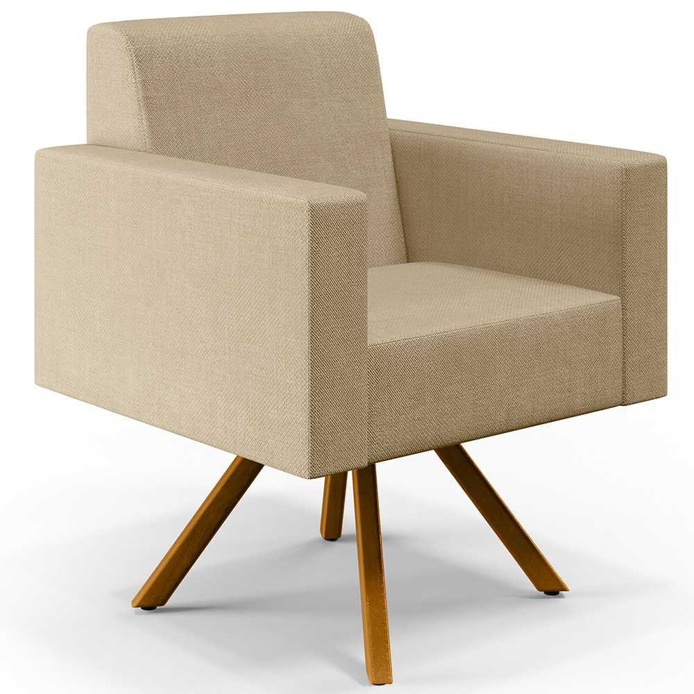 Kit 02 Poltronas Decorativa Giratória Base de Madeira Helô L02 Linho Bege Escuro - Lyam Decor