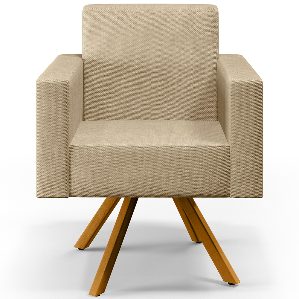 Kit 02 Poltronas Decorativa Giratória Base de Madeira Helô L02 Linho Bege Escuro - Lyam Decor