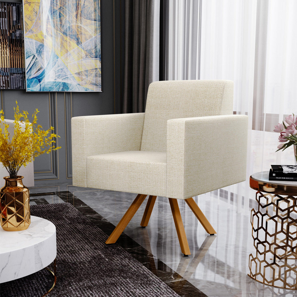 Kit 02 Poltronas Decorativa Giratória Para Sala Base de Madeira Helô L02 Linho Champagne -Lyam Decor