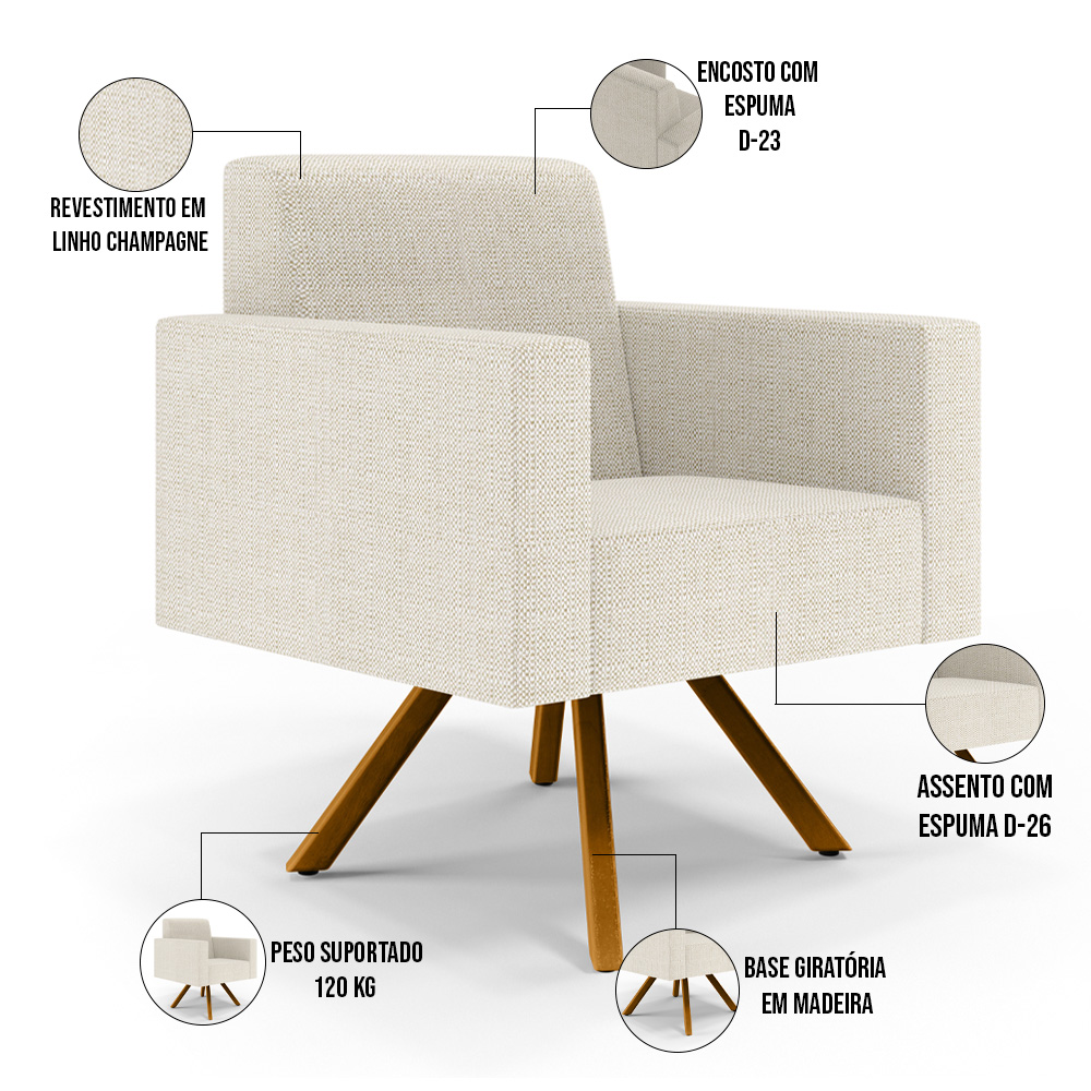 Kit 02 Poltronas Decorativa Giratória Para Sala Base de Madeira Helô L02 Linho Champagne -Lyam Decor