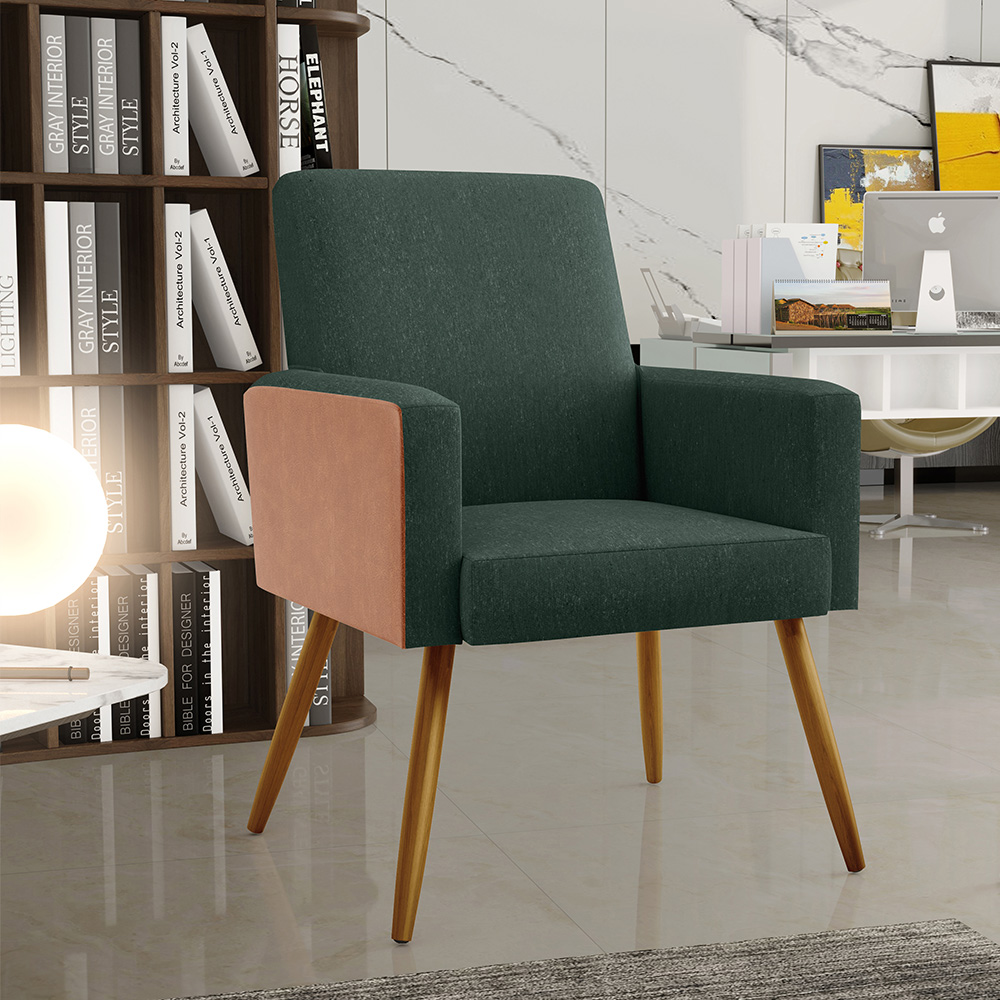 Kit 02 Poltronas Decorativa Maria W01 Pés Palito Linho Verde Musgo Couríssimo Camel - Lyam Decor