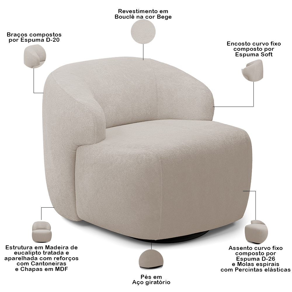Kit 02 Poltronas Decorativa Orgânica Giratória Para Sala Living Barolo L06 Bouclê Bege - Lyam Decor