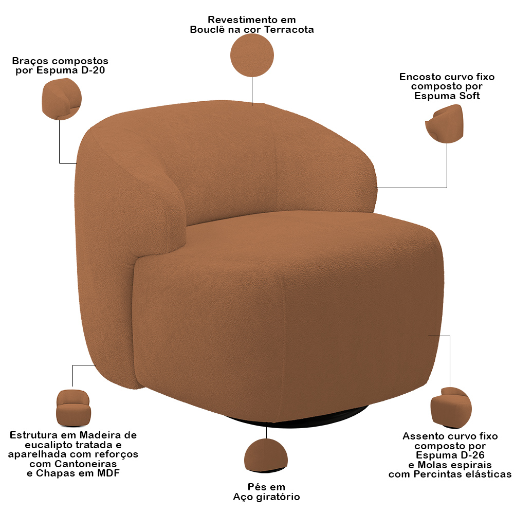 Kit 02 Poltronas Decorativa Orgânica Giratória Para Sala Living Barolo L06 Bouclê Terracota - Lyam Decor