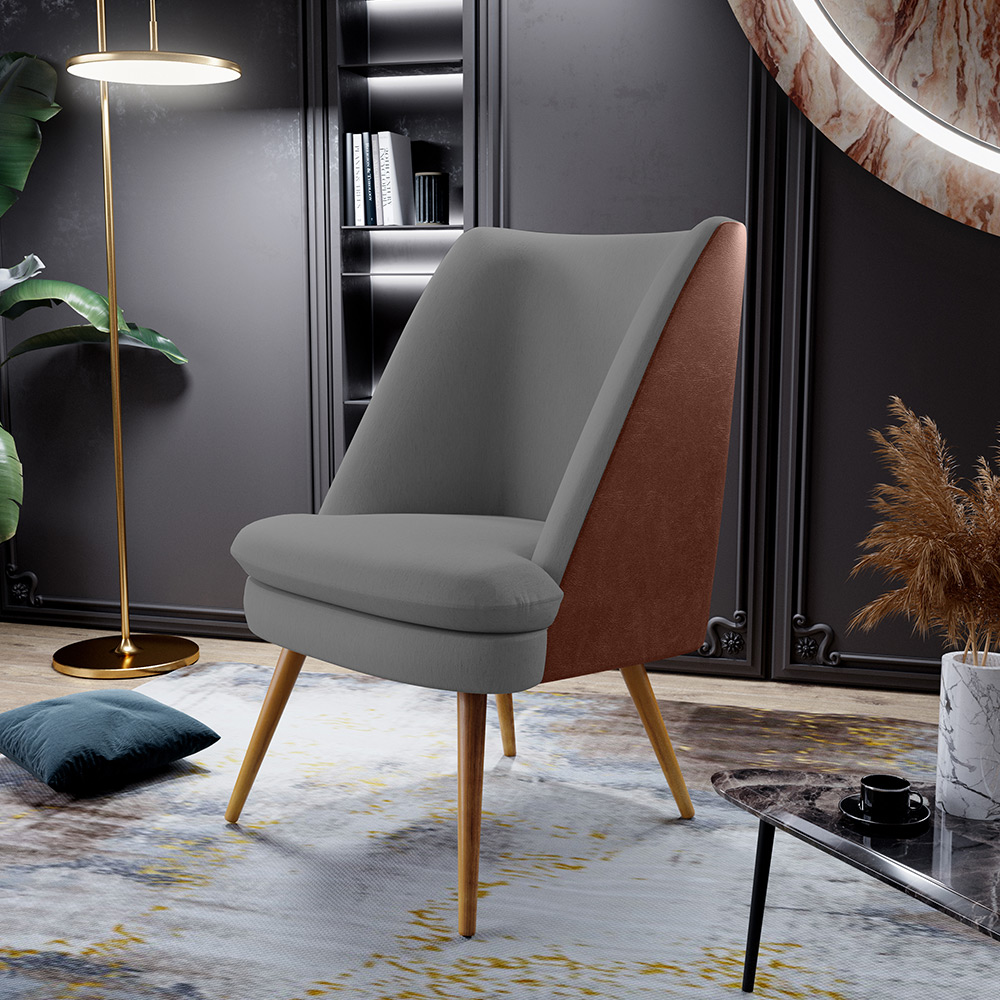 Kit 02 Poltronas Decorativa Pérsia Pés Palito D02 Veludo Cinza C-317 Corano Marrom B-38 - Lyam Decor