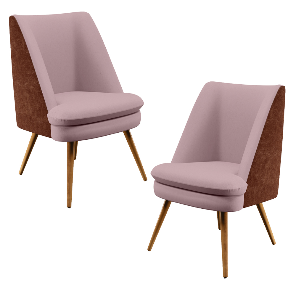 Kit 02 Poltronas Decorativa Pérsia Pés Palito D02 Veludo Rosê C-305 Corano Marrom B-38 - Lyam Decor