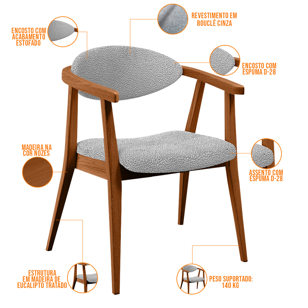 Kit 02 Poltronas Decorativa Para Sala De Estar E Recepção Cecília L02 Bouclê Cinza - Lyam Decor