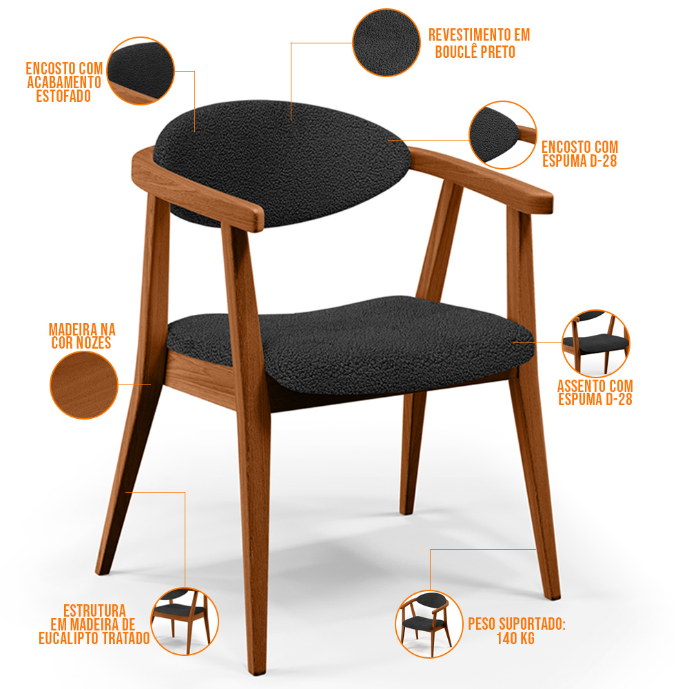 Kit 02 Poltronas Decorativa Para Sala De Estar E Recepção Cecília L02 Bouclê Preto - Lyam Decor