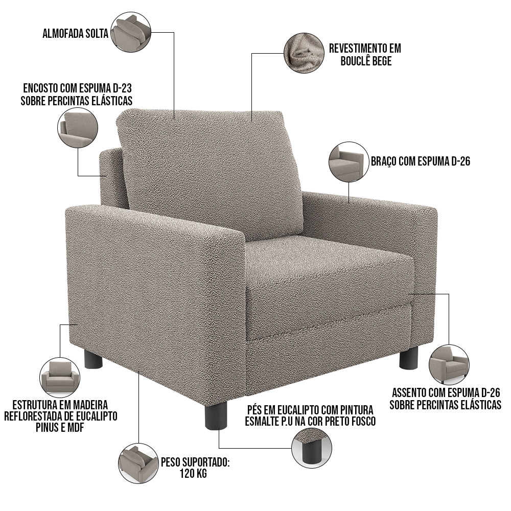 Kit 02 Poltronas Decorativa Para Sala De Estar E Recepção Malta L02 Bouclê Bege - Lyam Decor