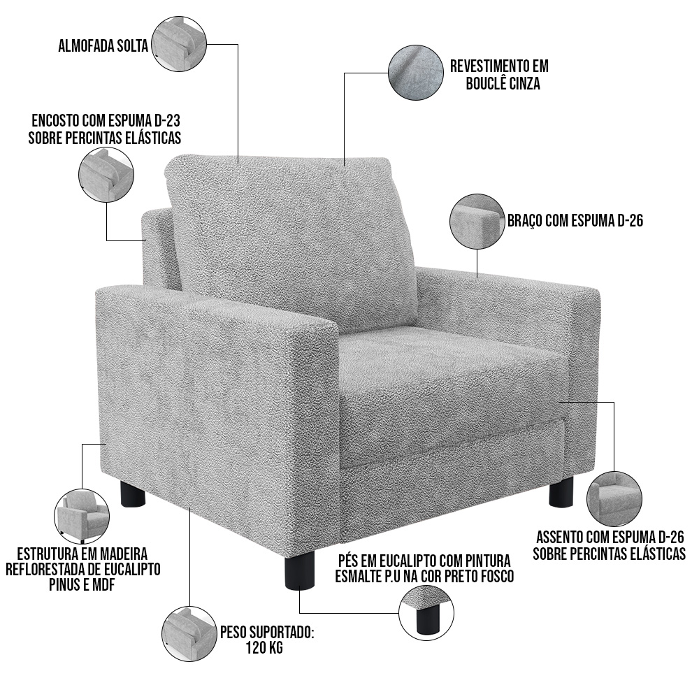 Kit 02 Poltronas Decorativa Para Sala De Estar E Recepção Malta L02 Bouclê Cinza - Lyam Decor