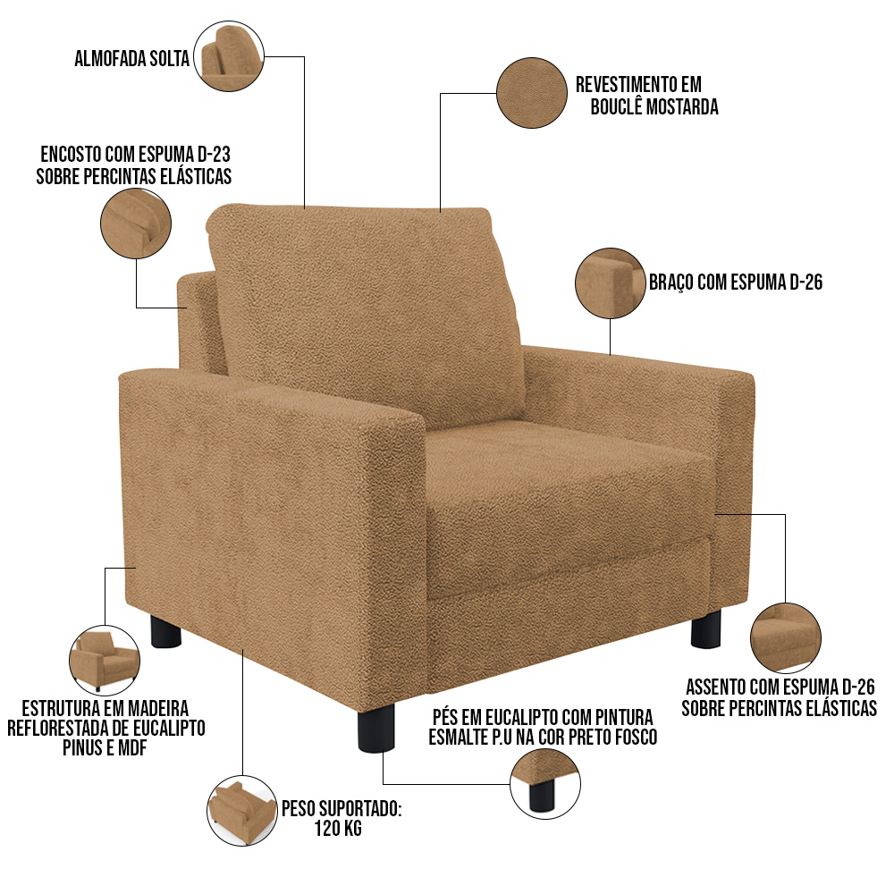 Kit 02 Poltronas Decorativa Para Sala De Estar E Recepção Malta L02 Bouclê Mostarda - Lyam Decor
