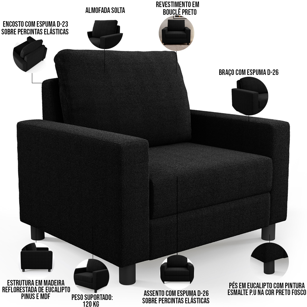Kit 02 Poltronas Decorativa Para Sala De Estar E Recepção Malta L02 Bouclê Preto - Lyam Decor