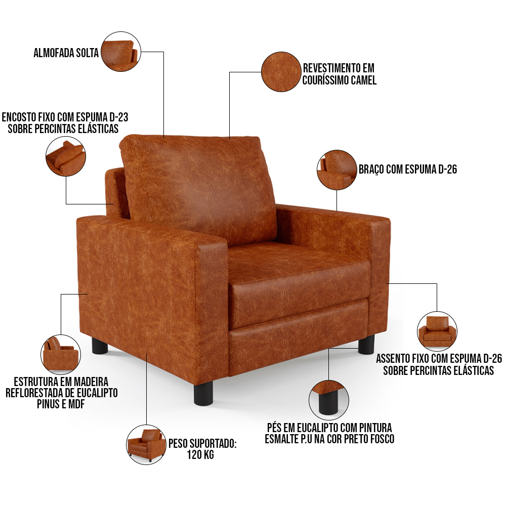Kit 02 Poltronas Decorativa Para Sala De Estar E Recepção Malta L02 Couríssimo Camel  - Lyam Decor