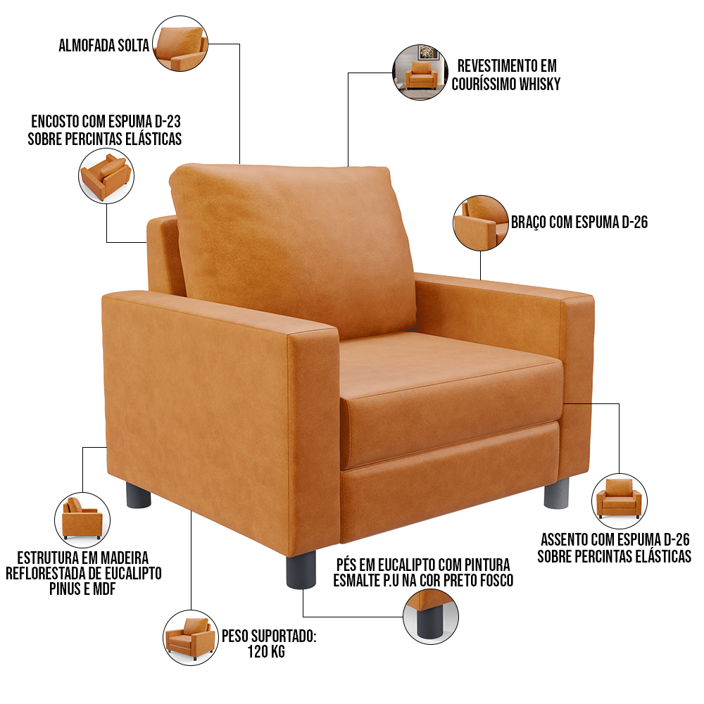 Kit 02 Poltronas Decorativa Para Sala De Estar E Recepção Malta L02 Couríssimo Whisky - Lyam Decor