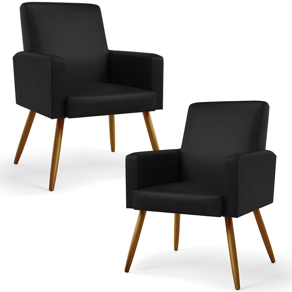 Kit 02 Poltronas Decorativa Para Sala De Estar Maria W01 Pés Palito Couríssimo Preto - Lyam Decor