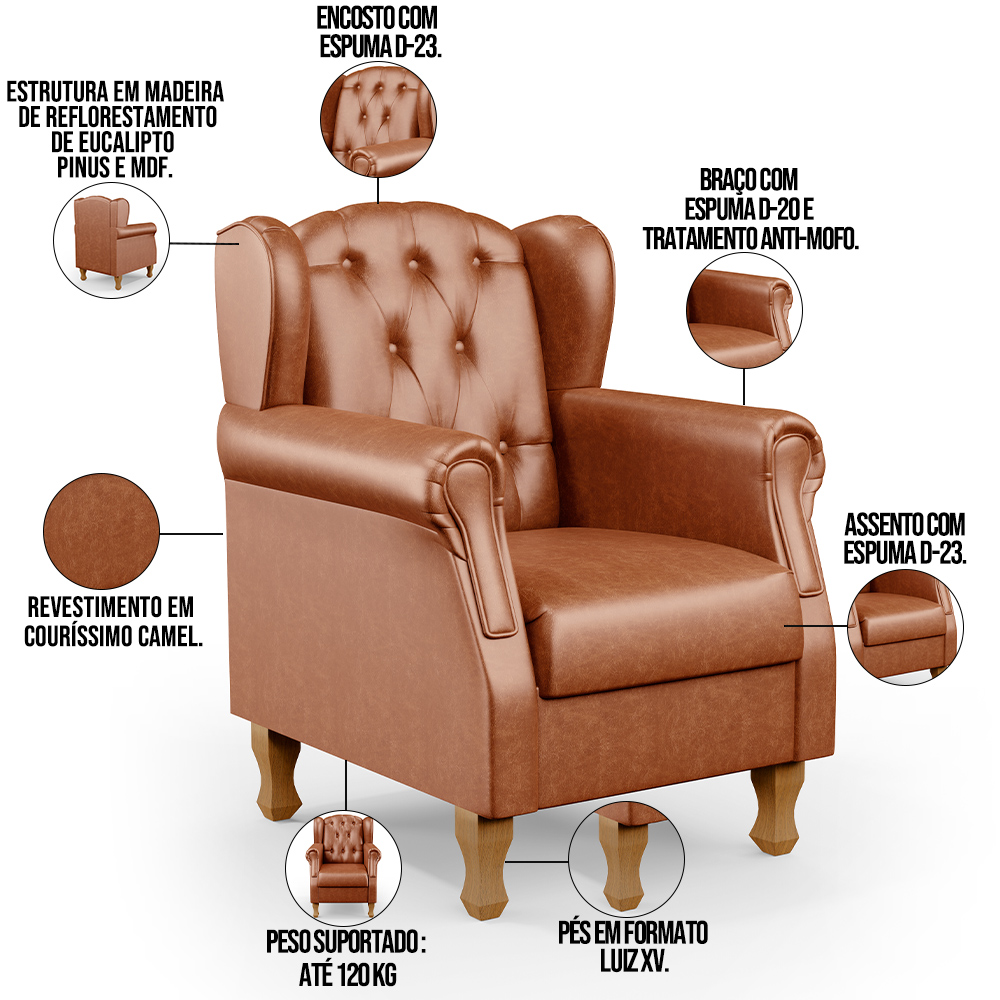 Kit 02 Poltronas Decorativa Para Sala De Estar Yara P02 Couríssimo Camel - Lyam Decor