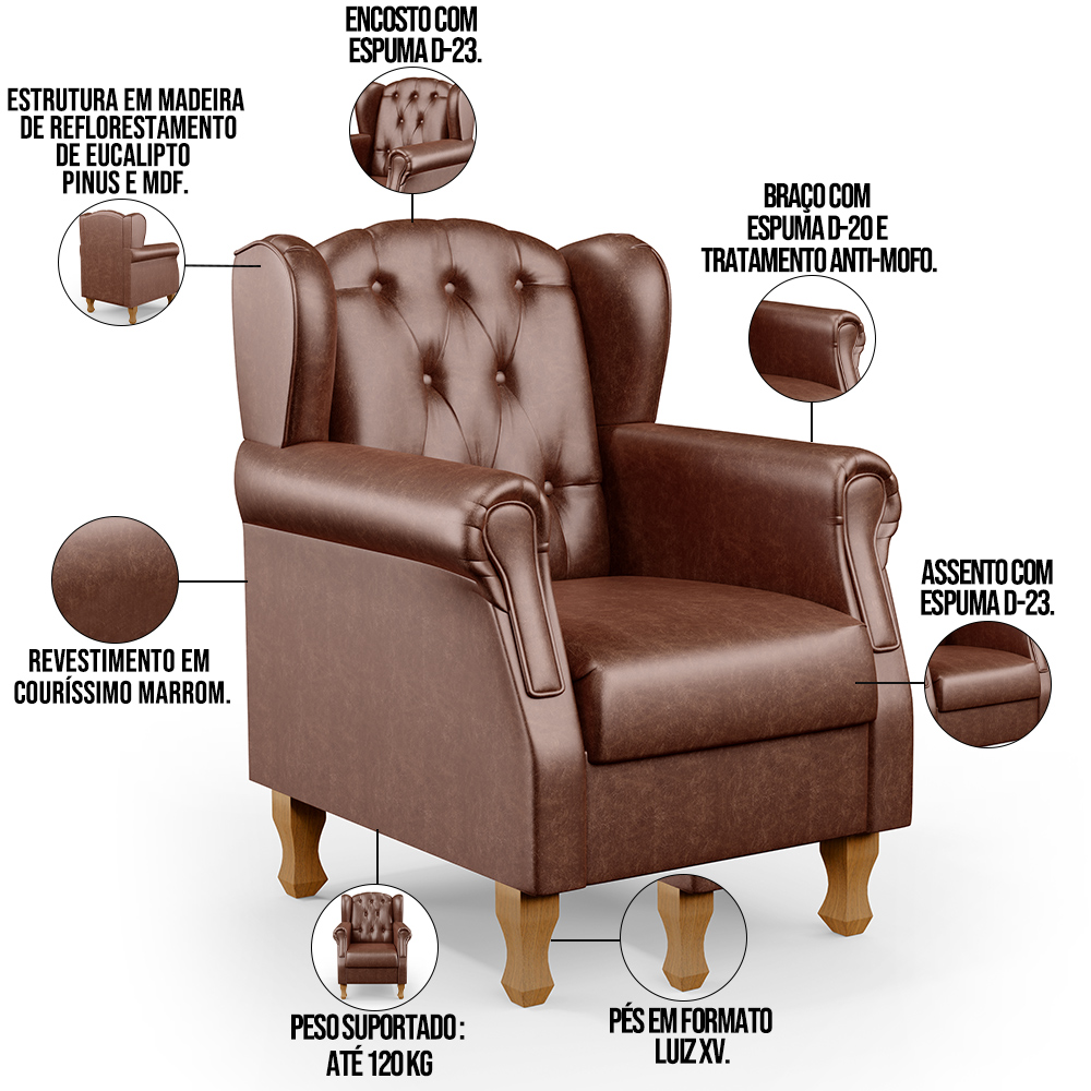 Kit 02 Poltronas Decorativa Para Sala De Estar Yara P02 Couríssimo Marrom - Lyam Decor