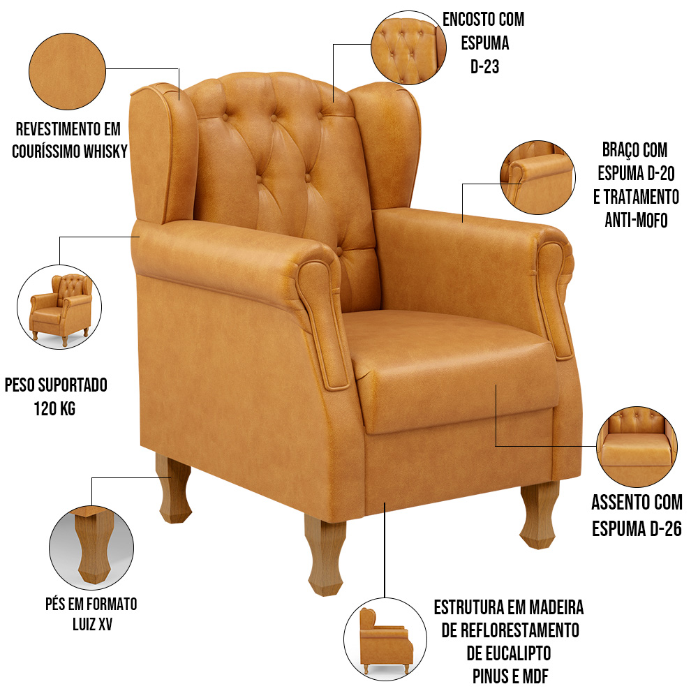 Kit 02 Poltronas Decorativa Para Sala De Estar Yara P02 Couríssimo Whisky - Lyam Decor