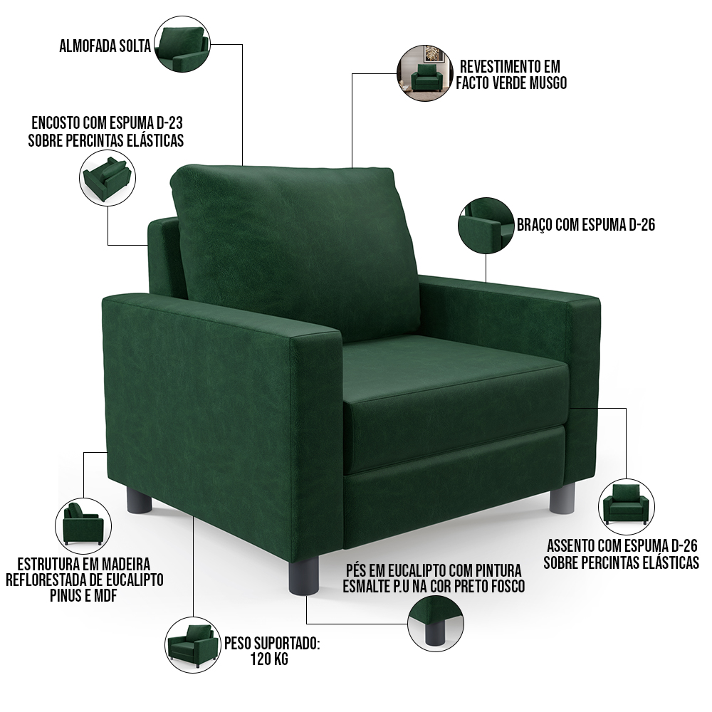 Kit 02 Poltronas Decorativa Para Sala De Estar e Recepção Malta L02 Facto Verde Musgo -Lyam Decor