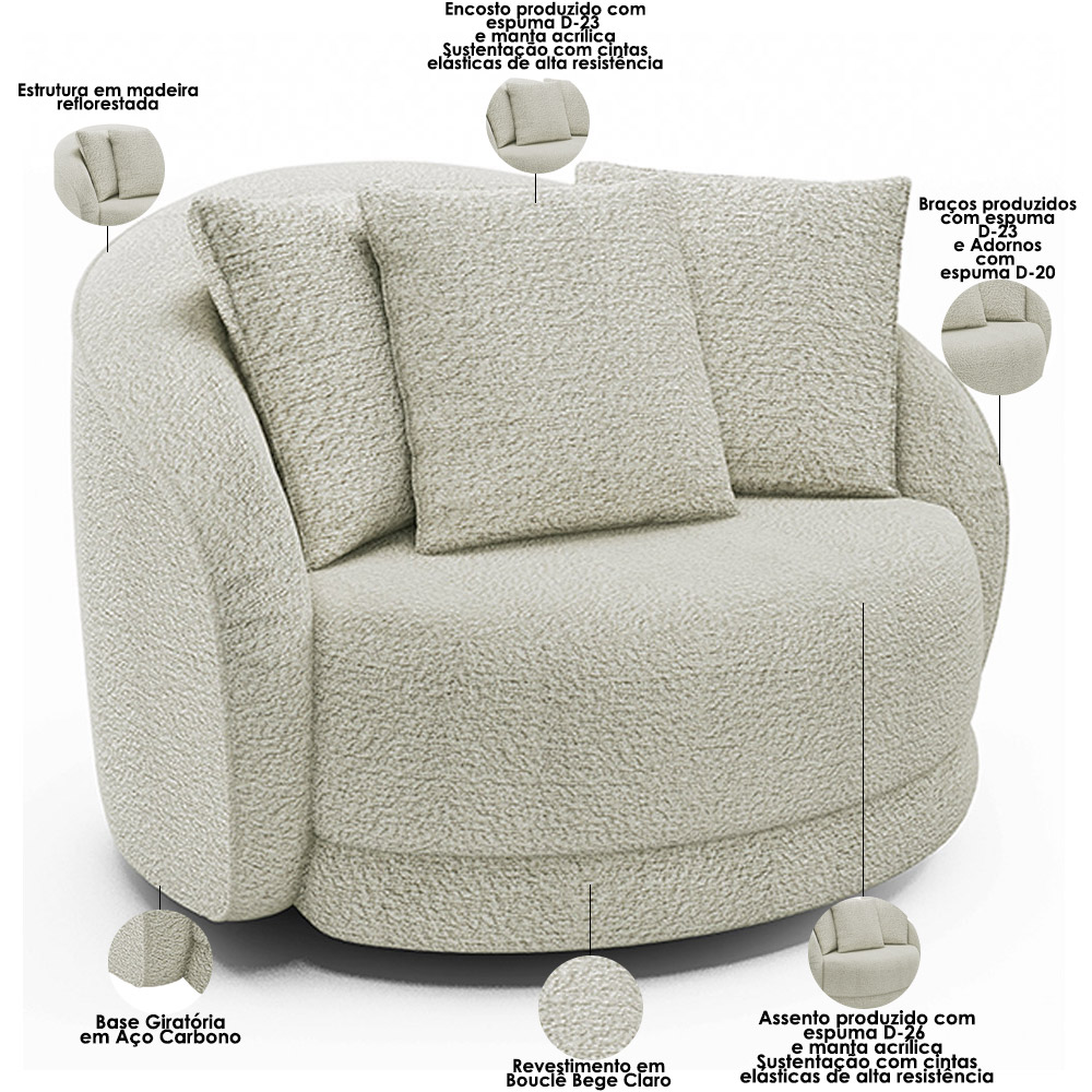 Kit 02 Poltronas Decorativa Para Sala Estar Base Giratória Witta M03 Bouclê Bege Claro - Lyam Decor