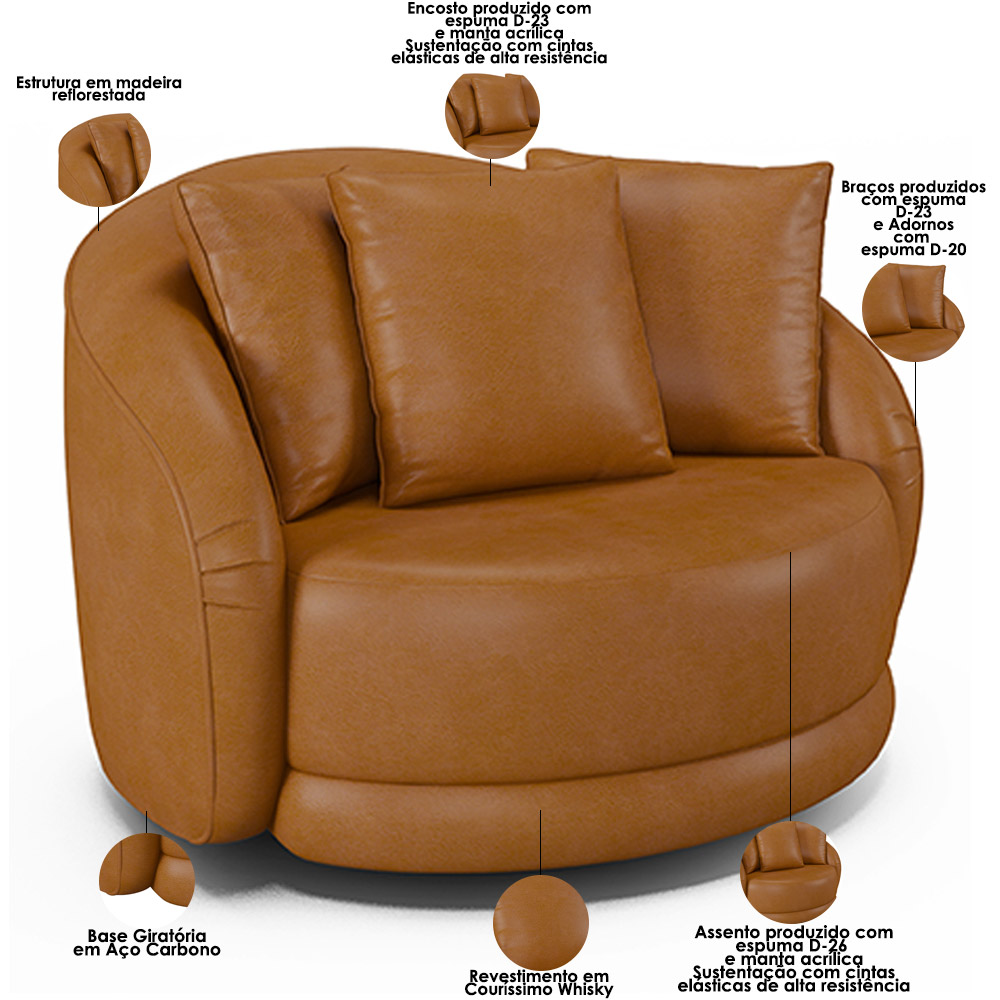 Kit 02 Poltronas Decorativa Para Sala Estar Base Giratória Witta M03 Couríssimo Whisky - Lyam Decor