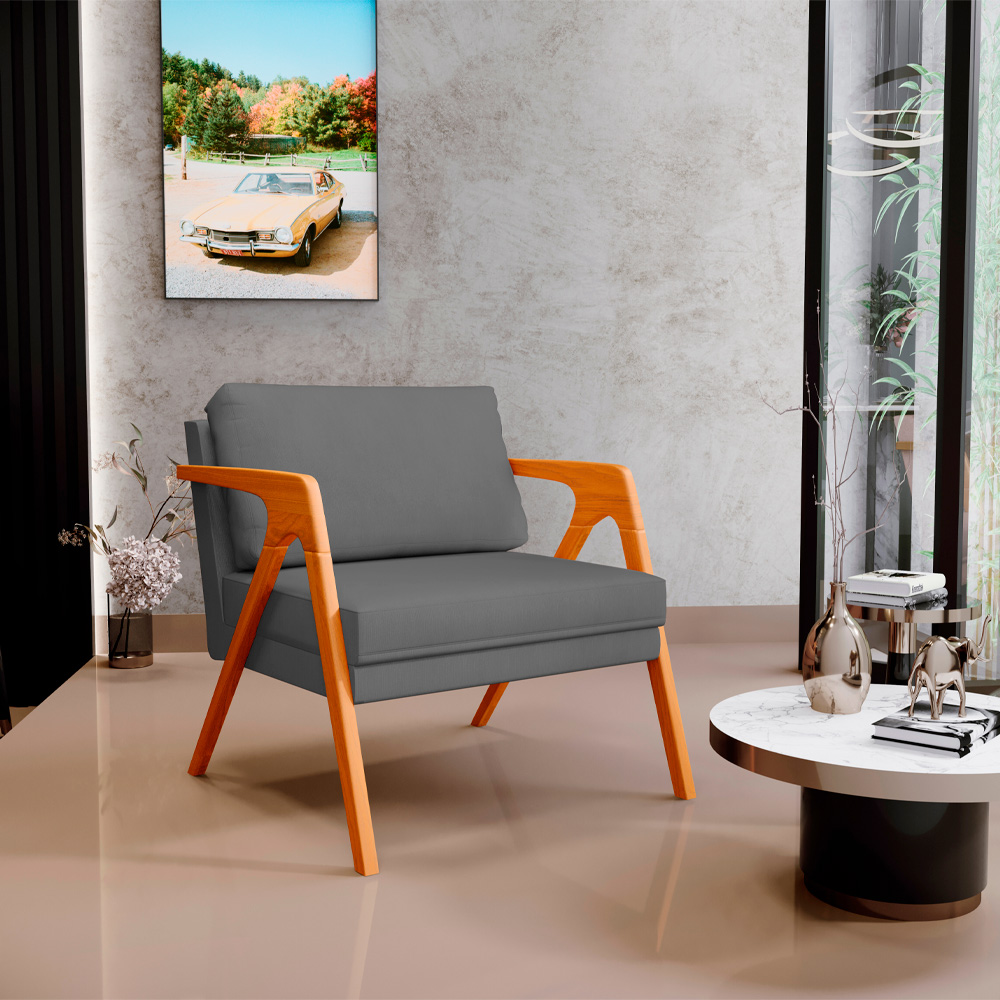 Kit 02 Poltronas Decorativa Para Sala Estar Pietra Estrutura De Madeira L02 Suede Cinza - Lyam Decor