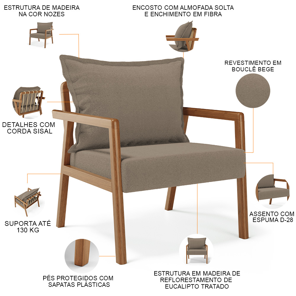Kit 02 Poltronas Decorativa Para Sala de Estar Alícia L02 Bouclê Bege - Lyam Decor