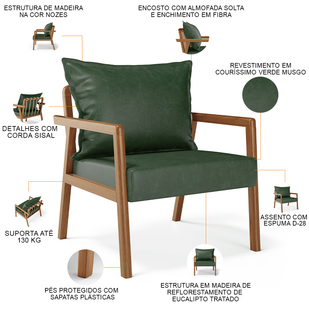 Kit 02 Poltronas Decorativa Para Sala de Estar Alícia L02 Couríssimo Verde Musgo - Lyam Decor