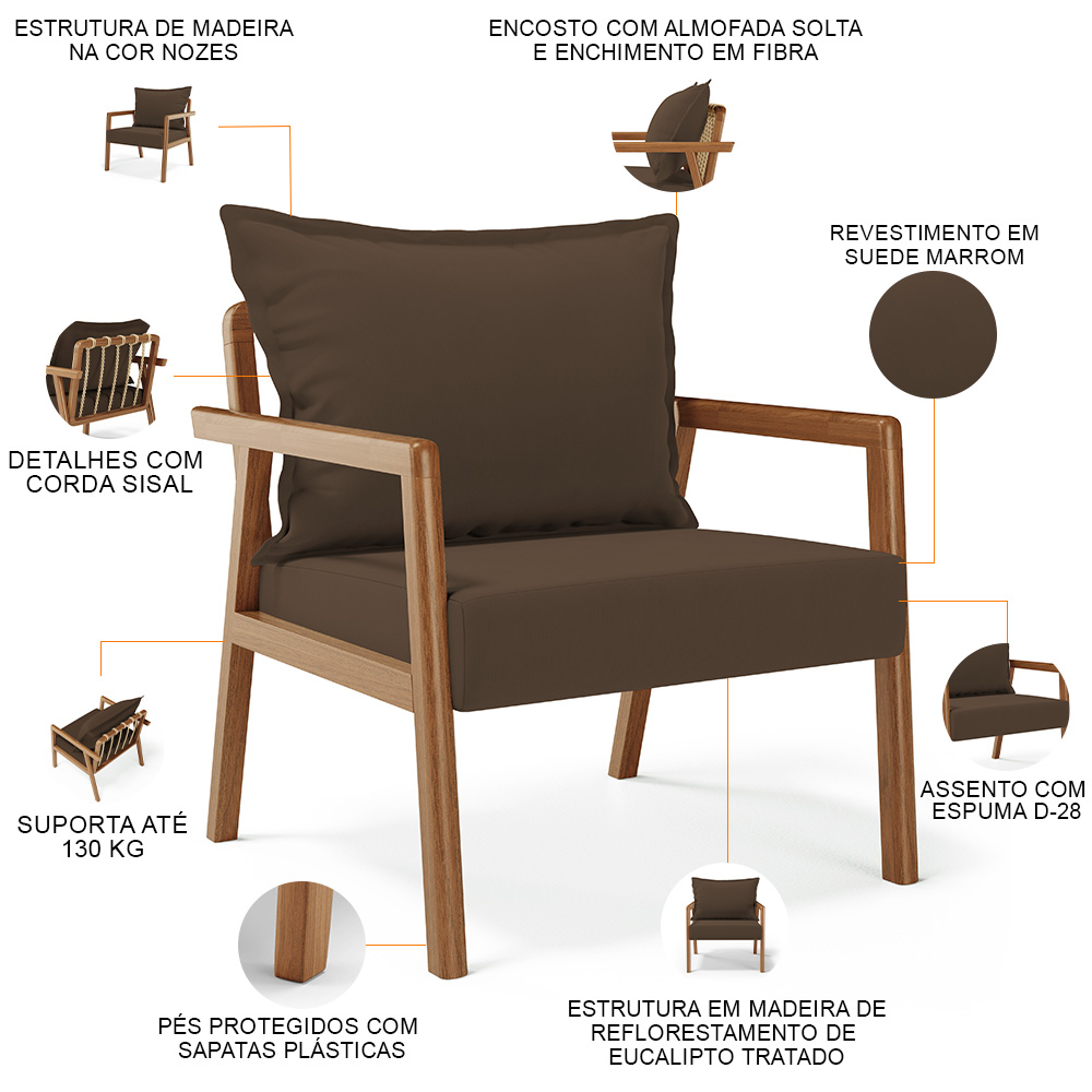 Kit 02 Poltronas Decorativa Para Sala de Estar Alícia L02 Suede Marrom - Lyam Decor