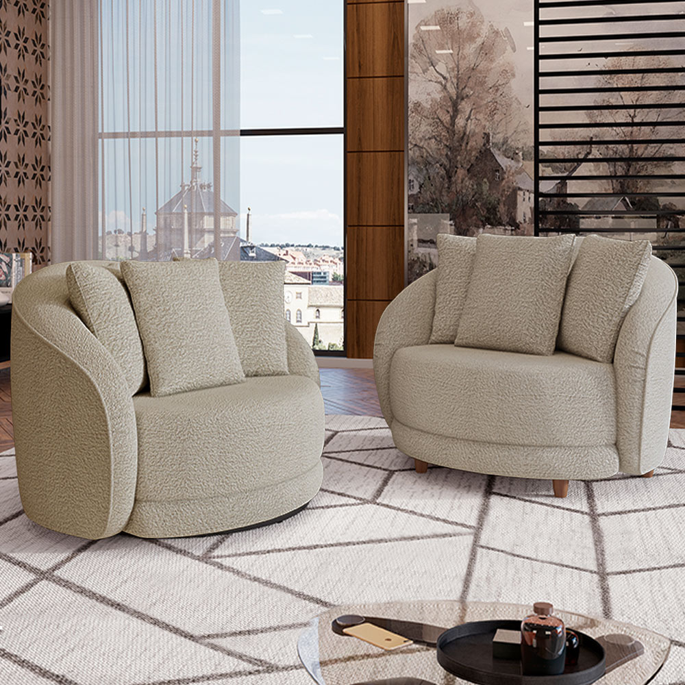 Kit 02 Poltronas Decorativa Para Sala de Estar Base Giratória Witta M03 Bouclê Bege - Lyam Decor