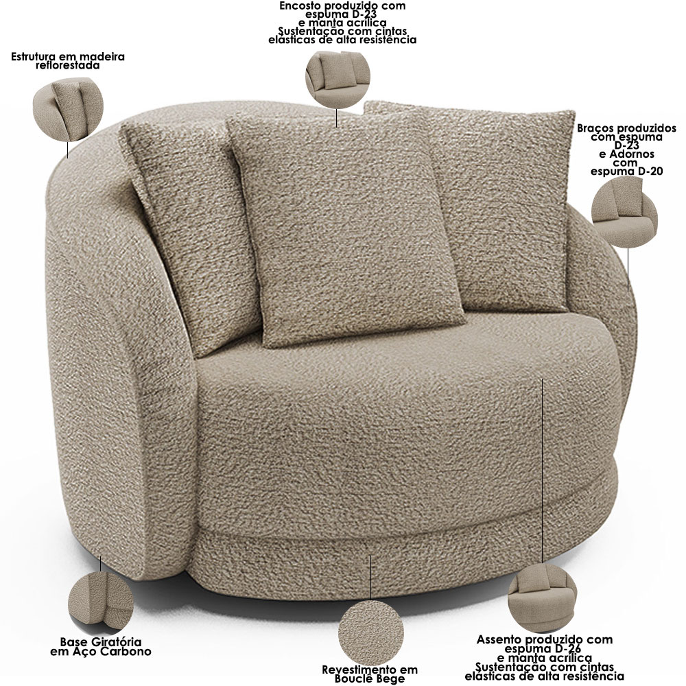 Kit 02 Poltronas Decorativa Para Sala de Estar Base Giratória Witta M03 Bouclê Bege - Lyam Decor