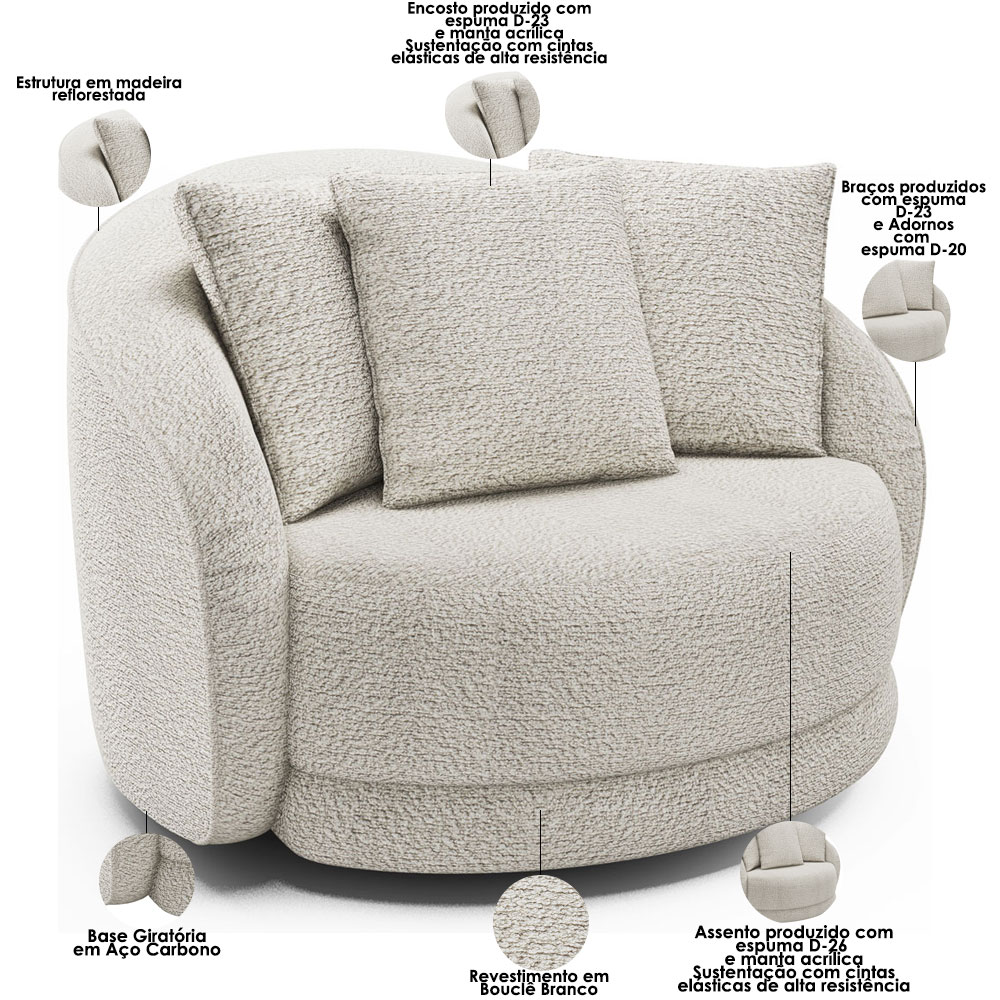 Kit 02 Poltronas Decorativa Para Sala de Estar Base Giratória Witta M03 Bouclê Branco - Lyam Decor