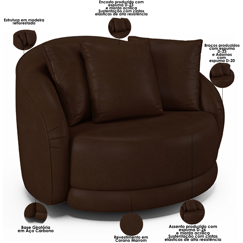 Kit 02 Poltronas Decorativa Para Sala de Estar Base Giratória Witta M03 Corano Marrom - Lyam Decor