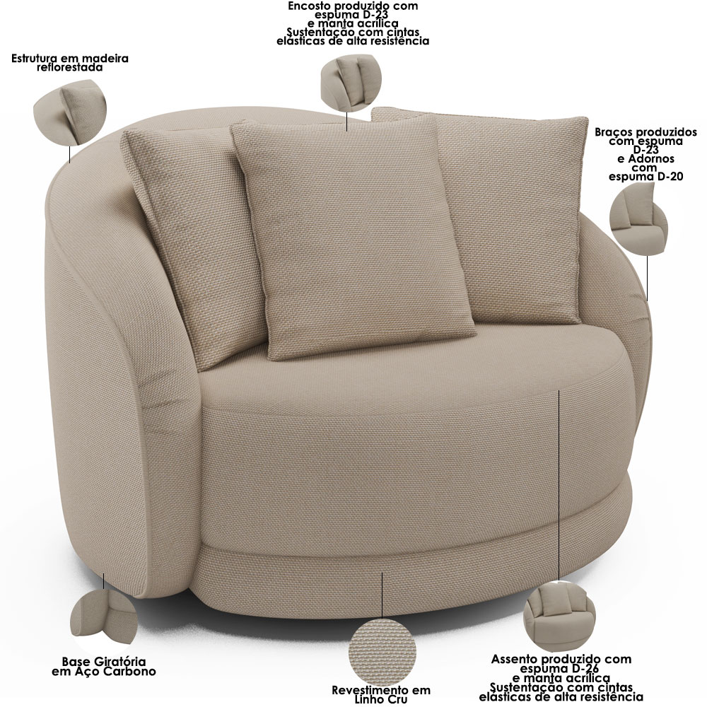 Kit 02 Poltronas Decorativa Para Sala de Estar Base Giratória Witta M03 Linho Cru - Lyam Decor