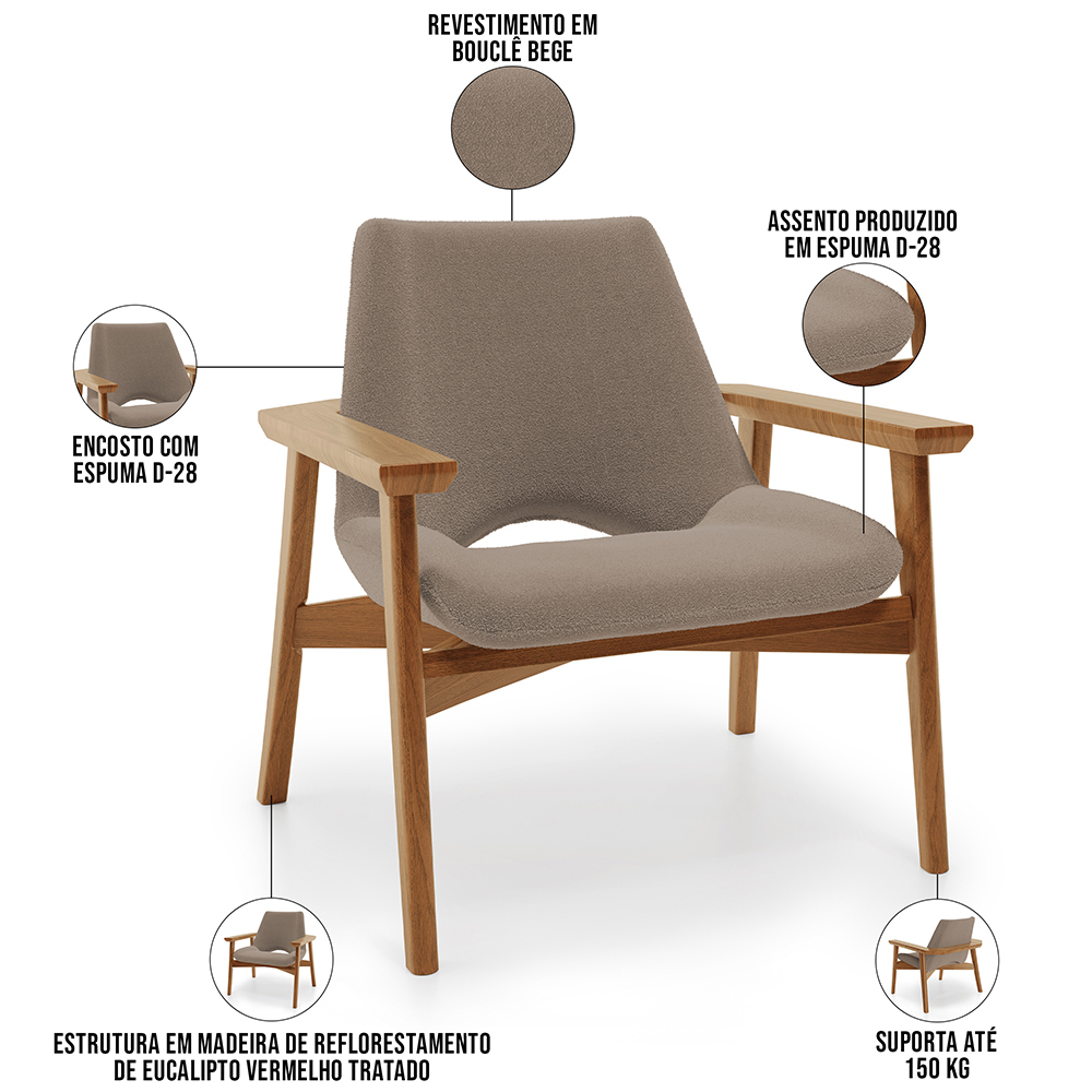 Kit 02 Poltronas Decorativa Para Sala de Estar Living Base Madeira Becker L02 Bouclê Bege - Lyam Decor