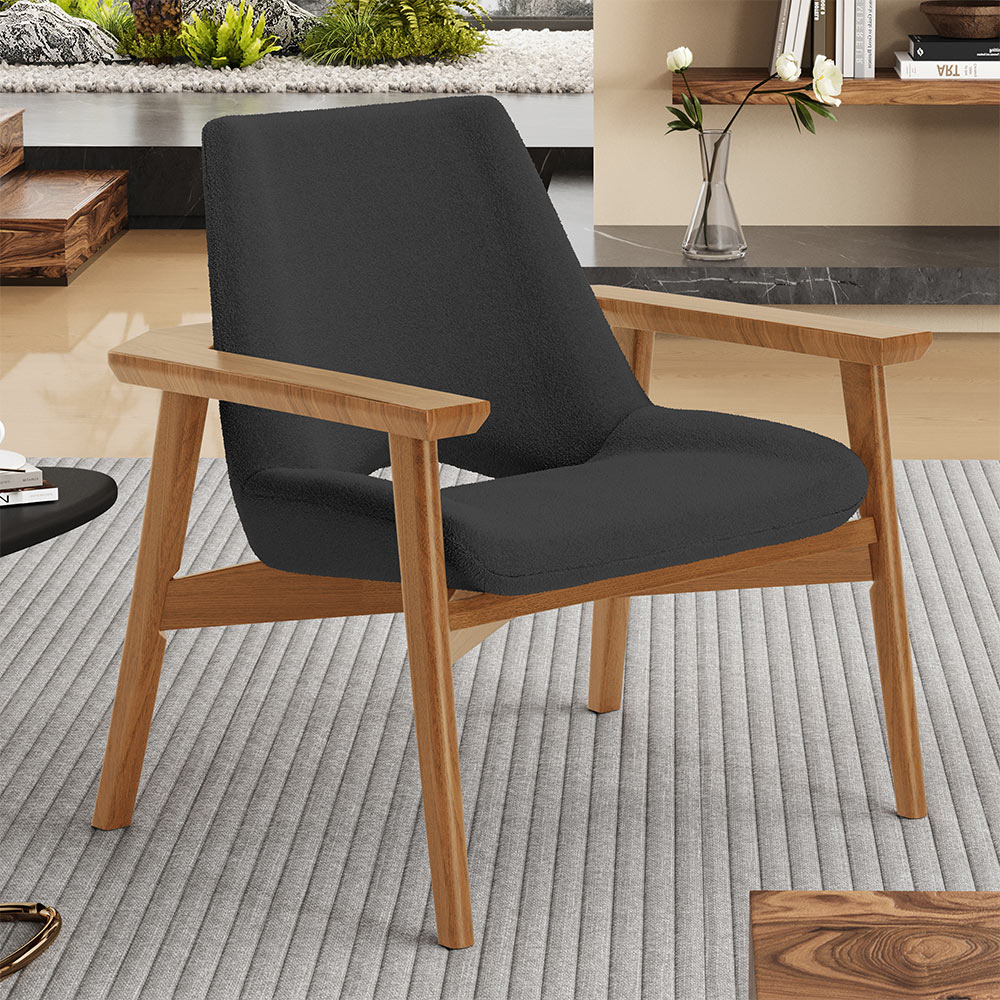 Kit 02 Poltronas Decorativa Para Sala de Estar Living Base Madeira Becker L02 Bouclê Preto - Lyam Decor