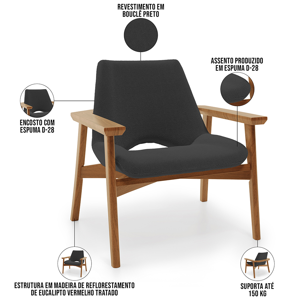 Kit 02 Poltronas Decorativa Para Sala de Estar Living Base Madeira Becker L02 Bouclê Preto - Lyam Decor
