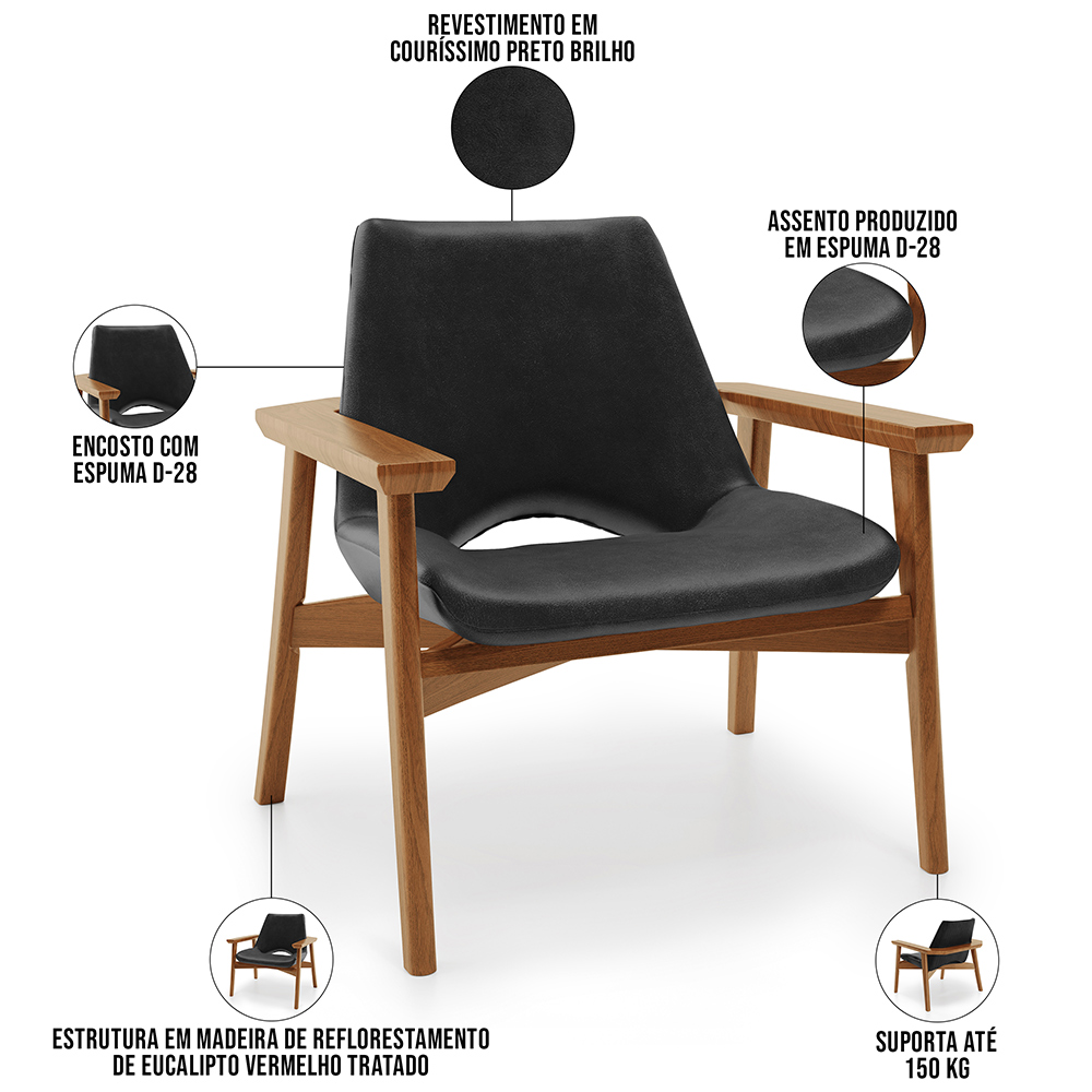 Kit 02 Poltronas Decorativa Para Sala de Estar Living Base Madeira Becker L02 Couríssimo Preto - Lyam Decor