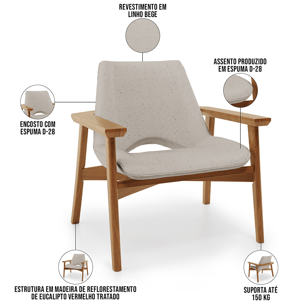 Kit 02 Poltronas Decorativa Para Sala de Estar Living Base Madeira Becker L02 Linho Bege - Lyam Decor