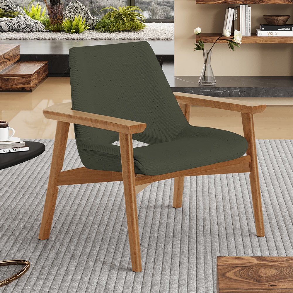 Kit 02 Poltronas Decorativa Para Sala de Estar Living Base Madeira Becker L02 Linho Verde Musgo - Lyam Decor