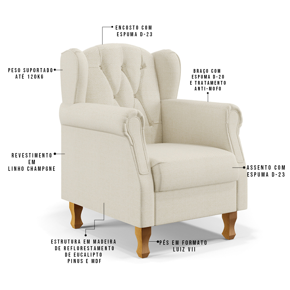 Kit 02 Poltronas Decorativa Para Sala de Estar Yara P02 Linho Champagne - Lyam Decor