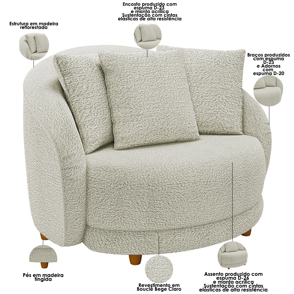 Kit 02 Poltronas Decorativa Sala De Estar Base Fixa De Madeira Witta M03 Bouclê Bege Claro - Lyam Decor