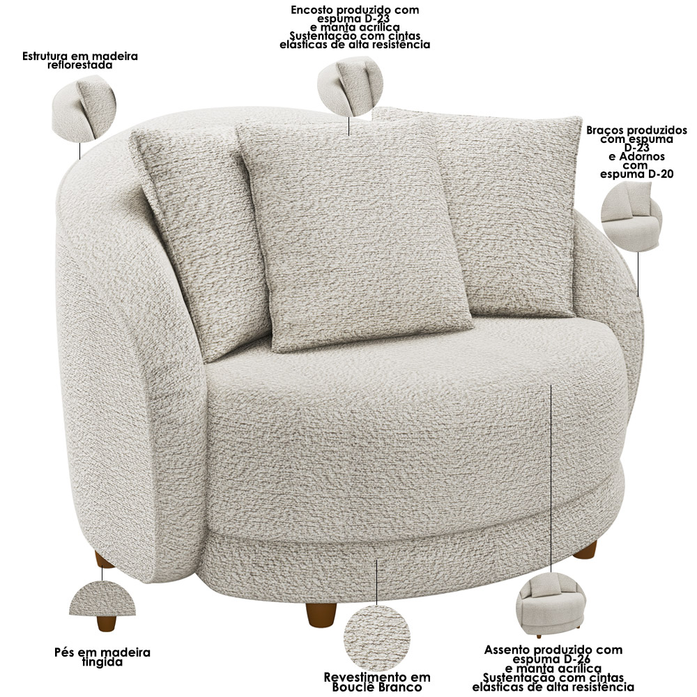 Kit 02 Poltronas Decorativa Sala De Estar Base Fixa De Madeira Witta M03 Bouclê Branco - Lyam Decor