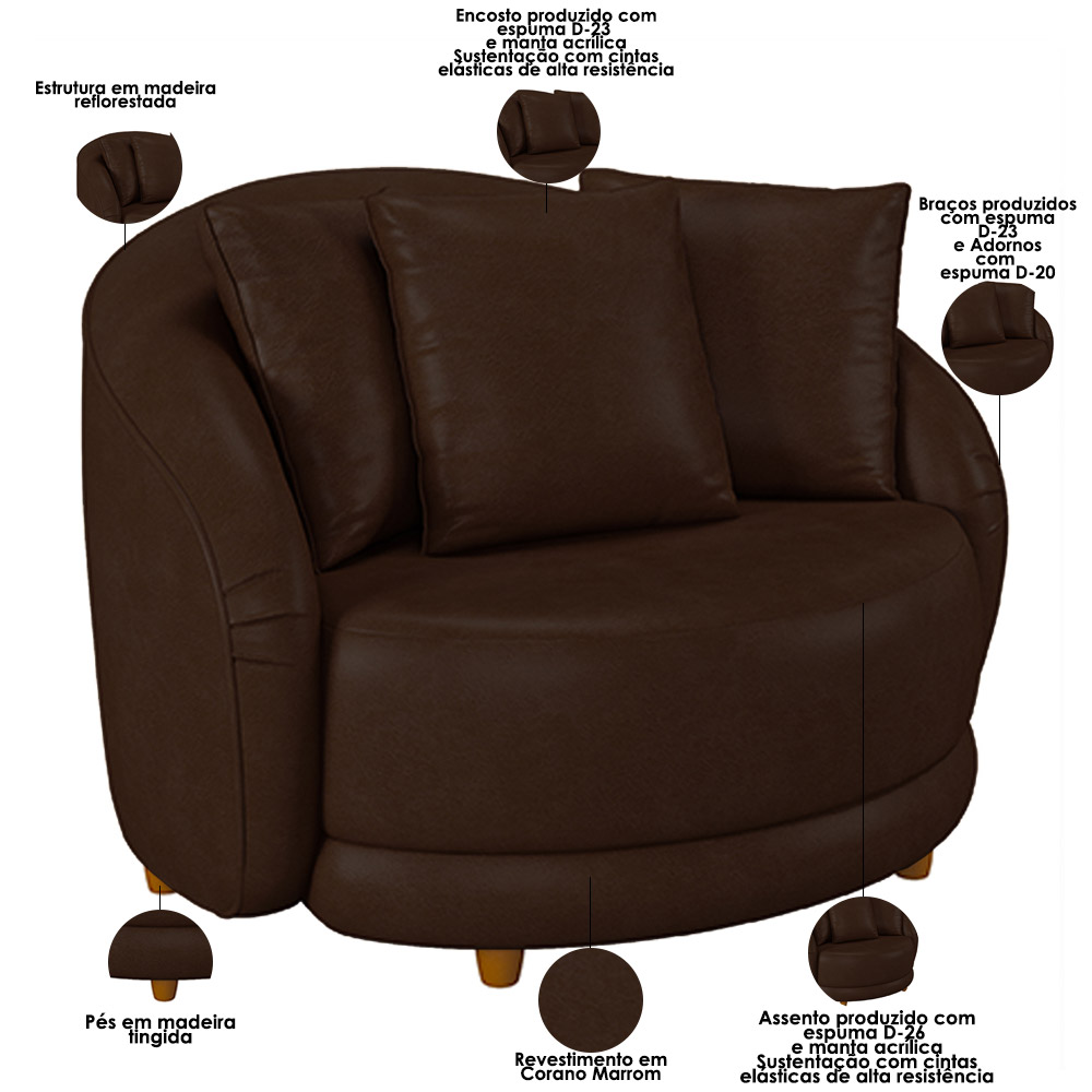 Kit 02 Poltronas Decorativa Sala De Estar Base Fixa De Madeira Witta M03 Corano Marrom - Lyam Decor