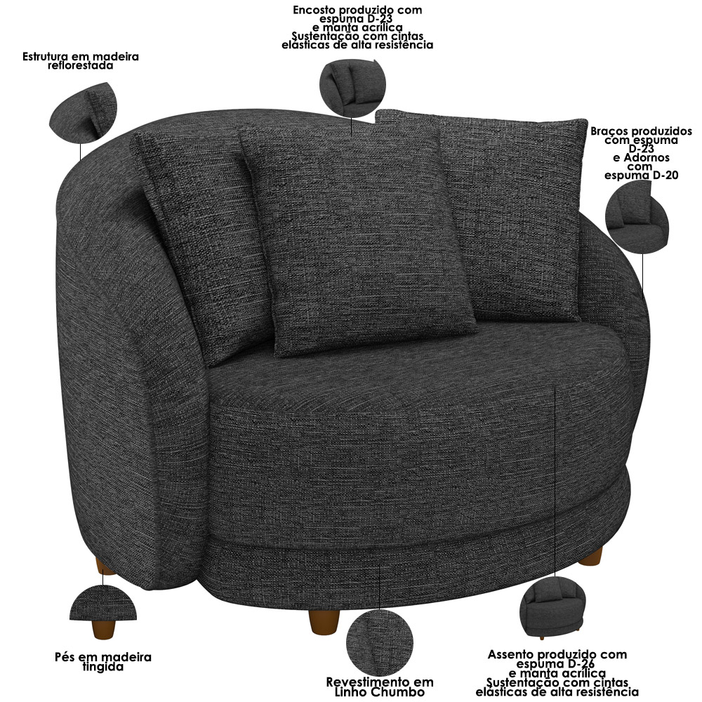 Kit 02 Poltronas Decorativa Sala De Estar Base Fixa De Madeira Witta M03 Linho Chumbo - Lyam Decor