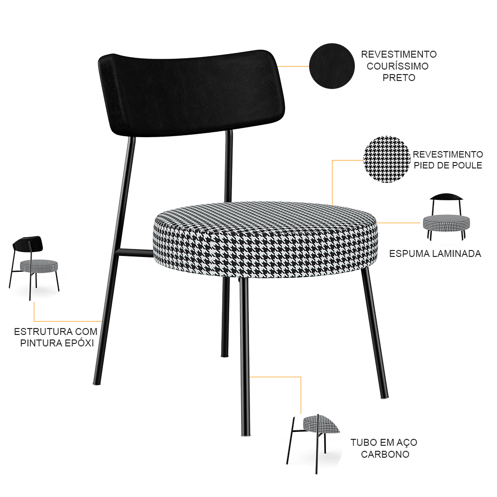 Kit 02 Poltronas Decorativa Sala De Estar Fixa Londres L02 Couríssimo Preto Pied Poule - Lyam Decor