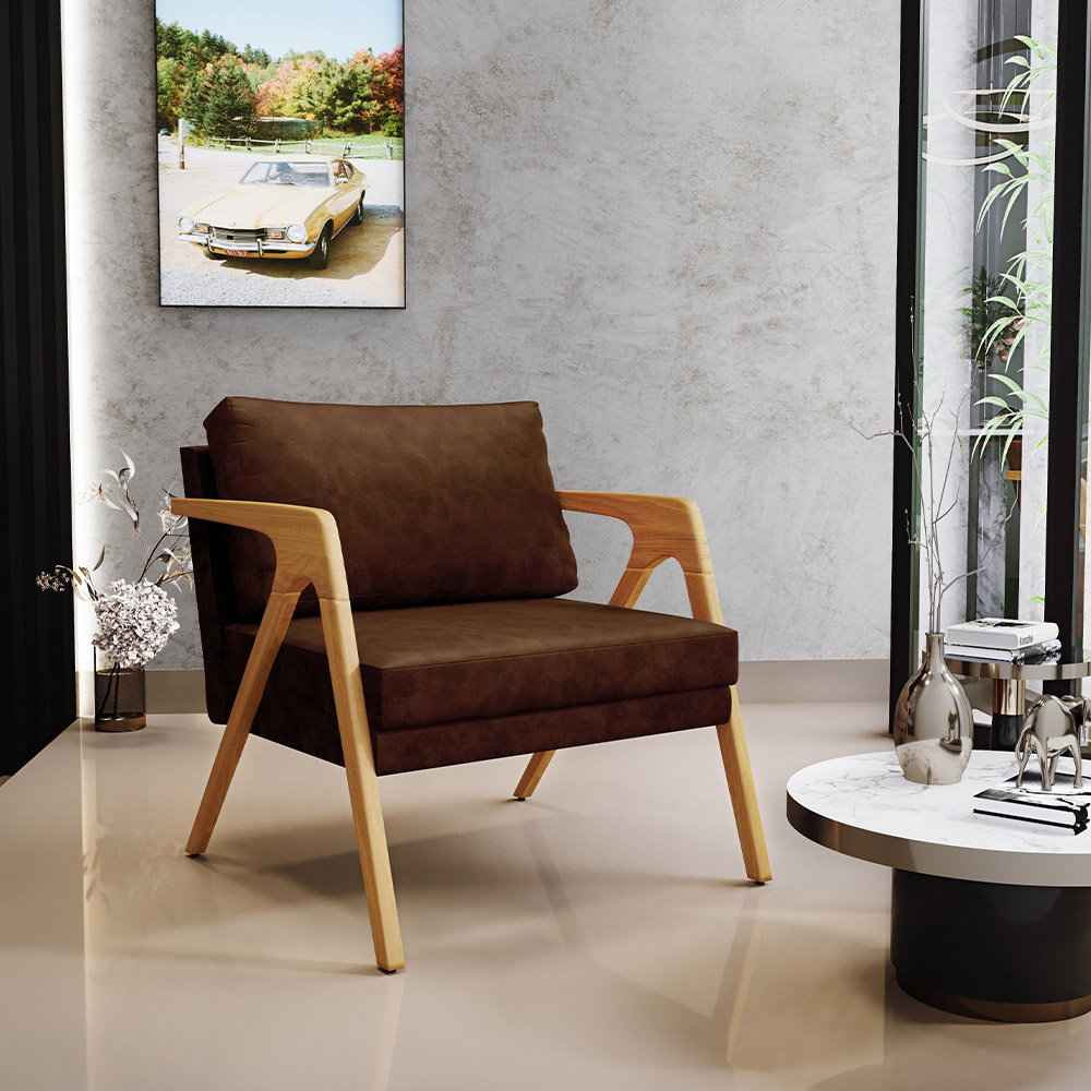 Kit 02 Poltronas Decorativa Sala Estar Pietra Estrutura Madeira L02 Couríssimo Marrom - Lyam Decor
