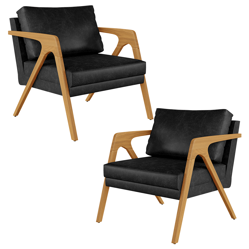 Kit 02 Poltronas Decorativa Sala Pietra Estrutura Madeira L02 Couríssimo Preto Brilho - Lyam Decor