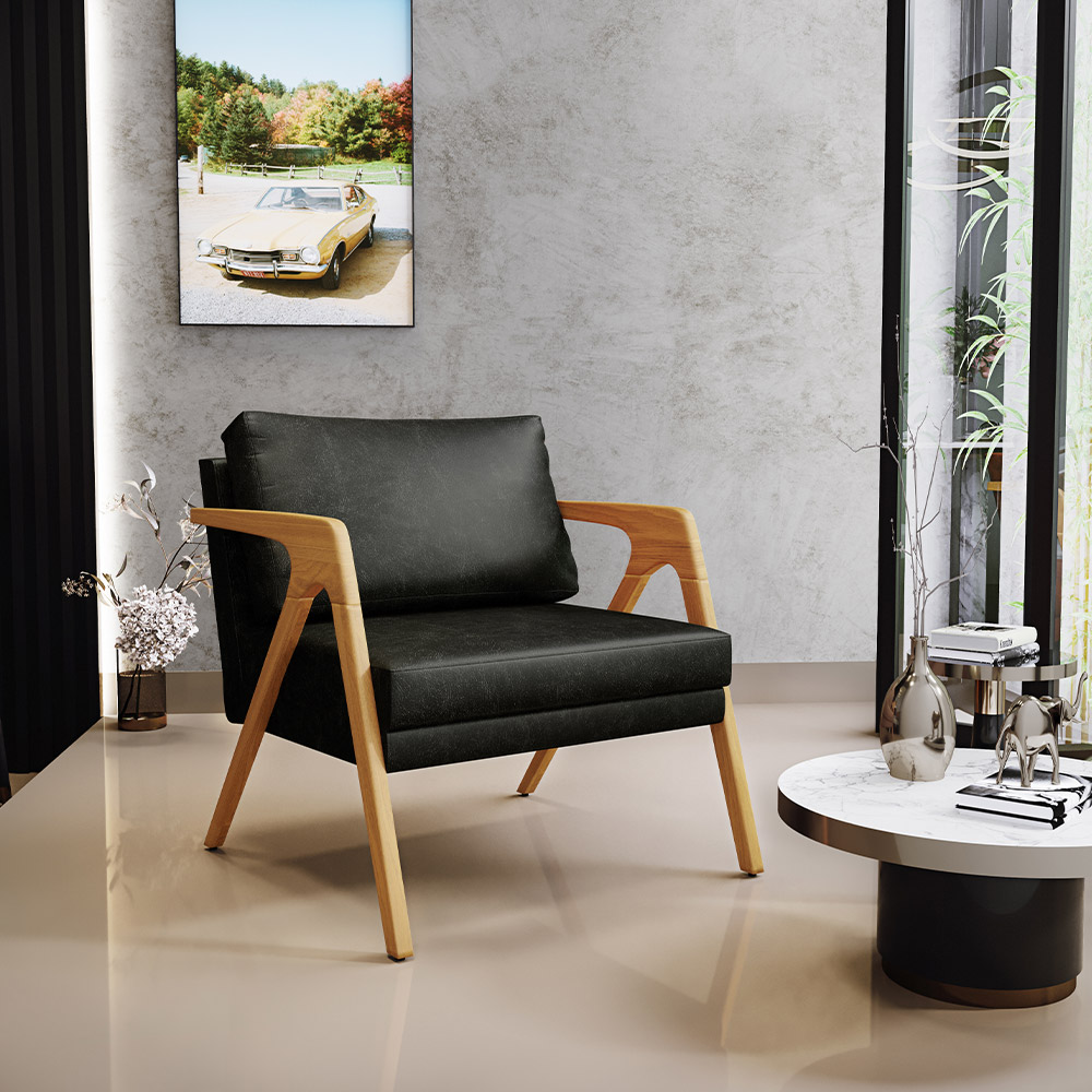 Kit 02 Poltronas Decorativa Sala Pietra Estrutura Madeira L02 Couríssimo Preto Brilho - Lyam Decor
